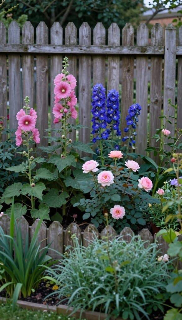 Tall rustic wooden fence with layered planting of hollyhocks delphiniums and roses in English cottage garden
