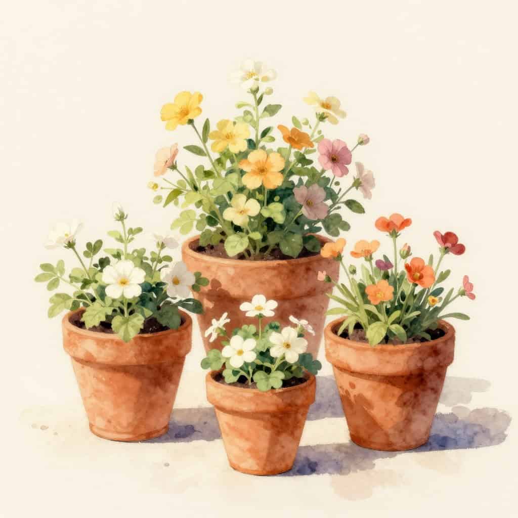 Terracotta pots with flowers spilling over edges in warm cottage garden still life painting