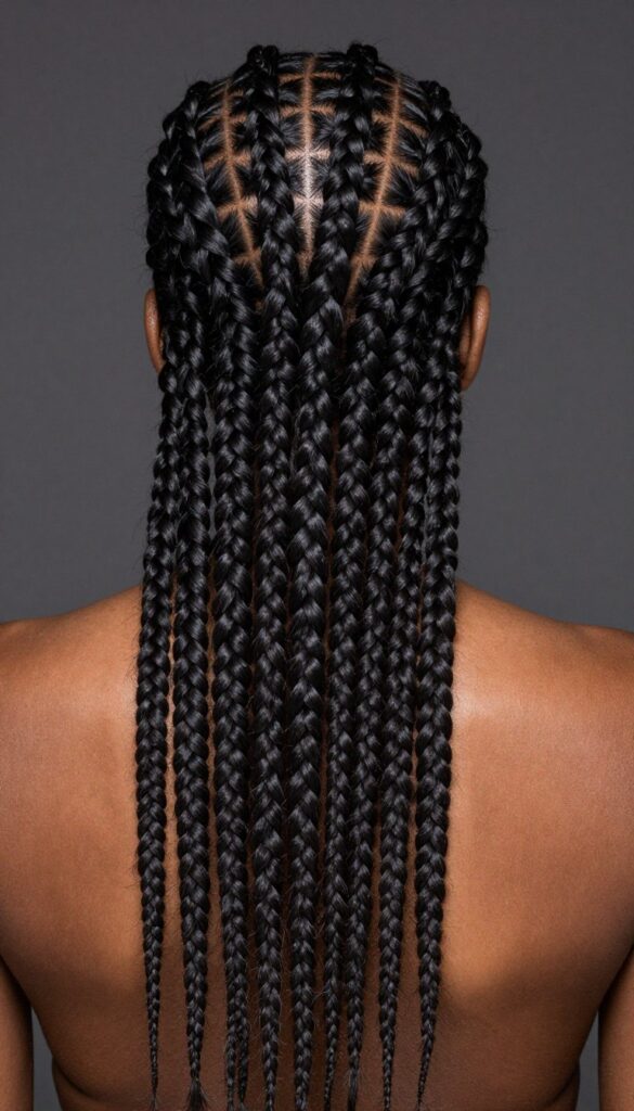 Tribal braids in half up ponytail on Black woman with small feed in braids