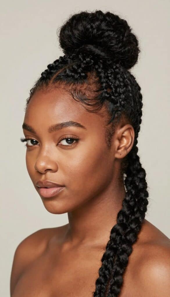 Twisted half up bun hairstyle on Black woman with natural texture