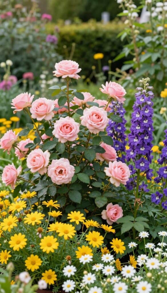 Vibrant English cottage garden with pink roses, purple delphiniums, yellow flowers, and white blooms