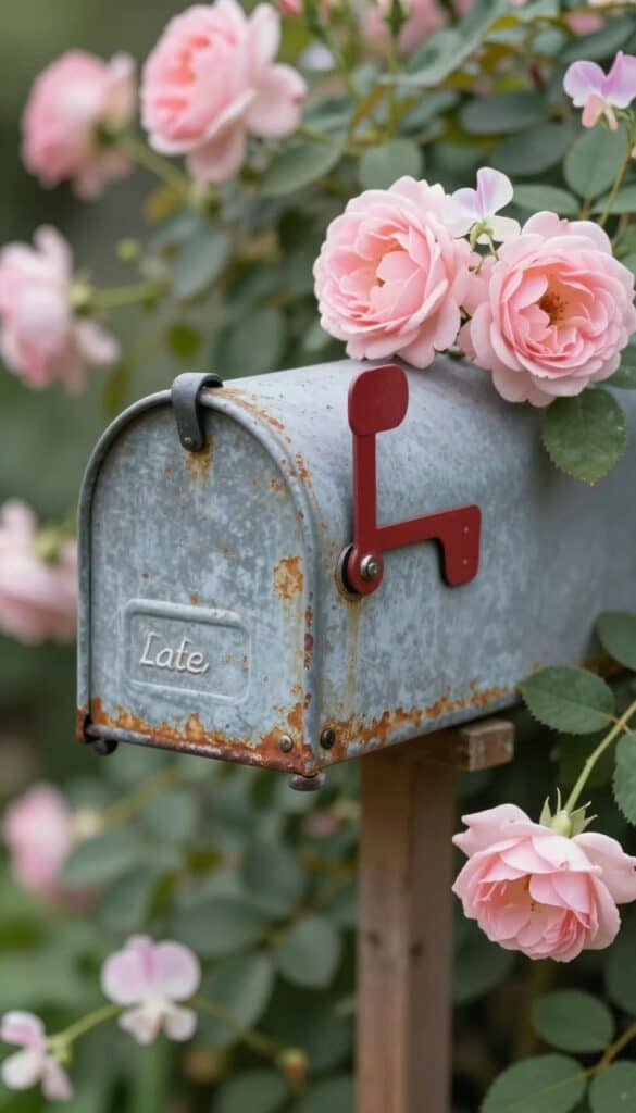 Vintage aged metal mailbox surrounded by soft cottage garden roses and sweet peas