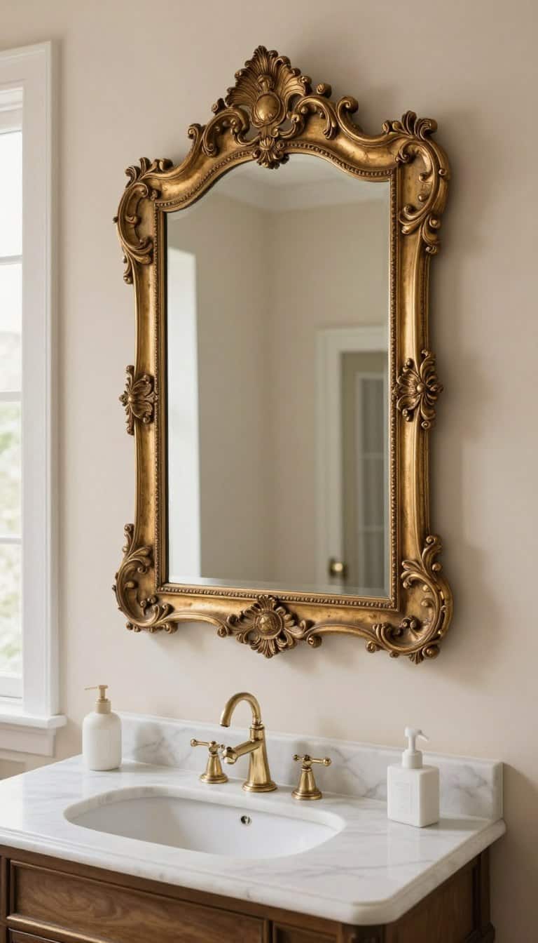 Vintage gilded mirror with ornate carved frame hanging above white marble vanity in French bathroom