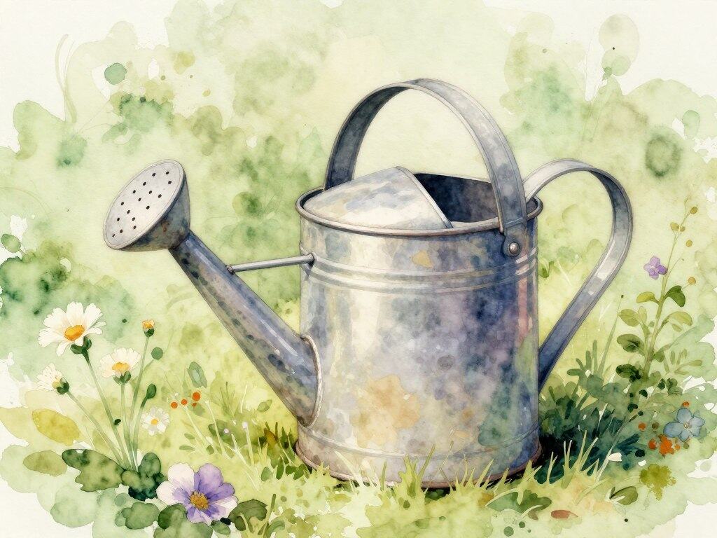 Vintage watering can with flowers in peaceful cottage garden still life painting