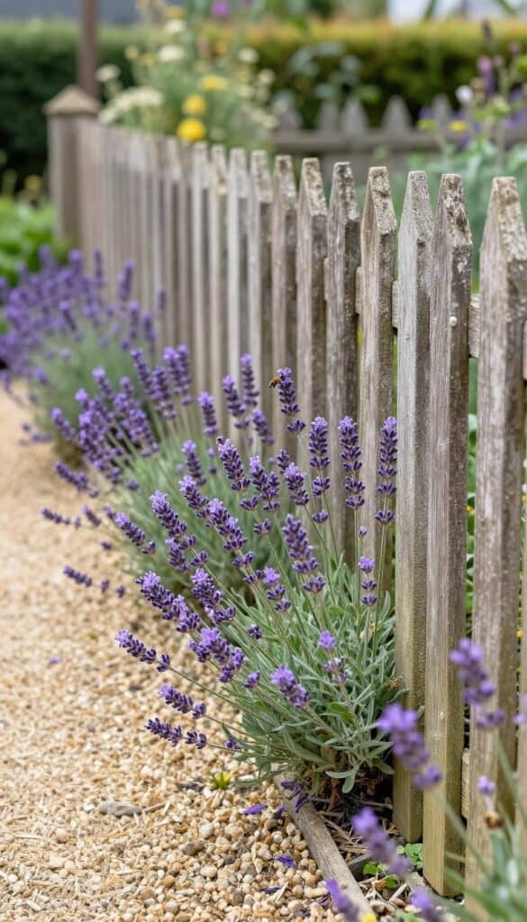 Weathered wooden fence with purple lavender planted along border creating fragrant cottage garden edge