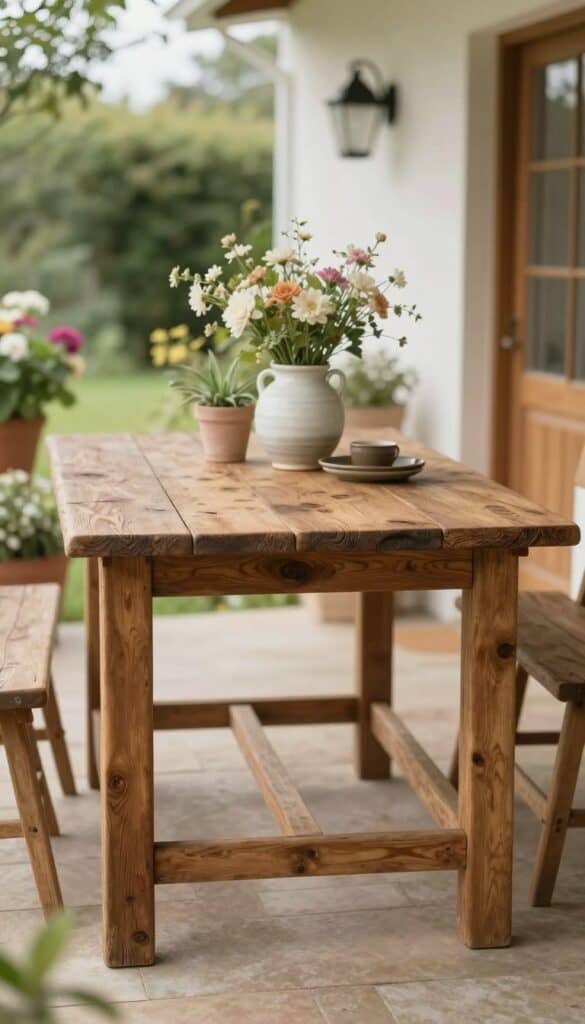 Weathered wooden table styled simply on a cottage garden patio