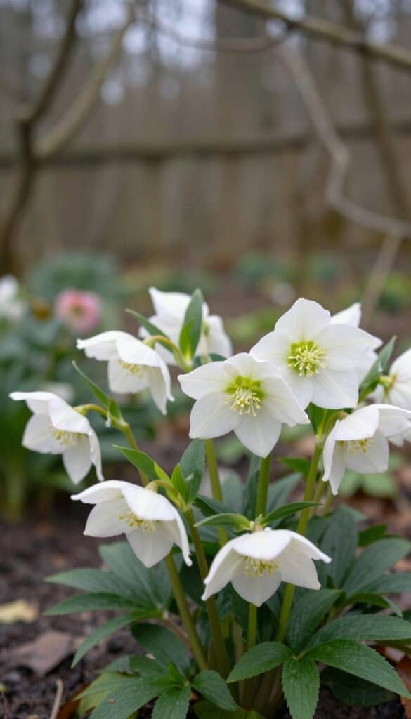 White and pink hellebore flowers blooming in early spring cottage garden shade