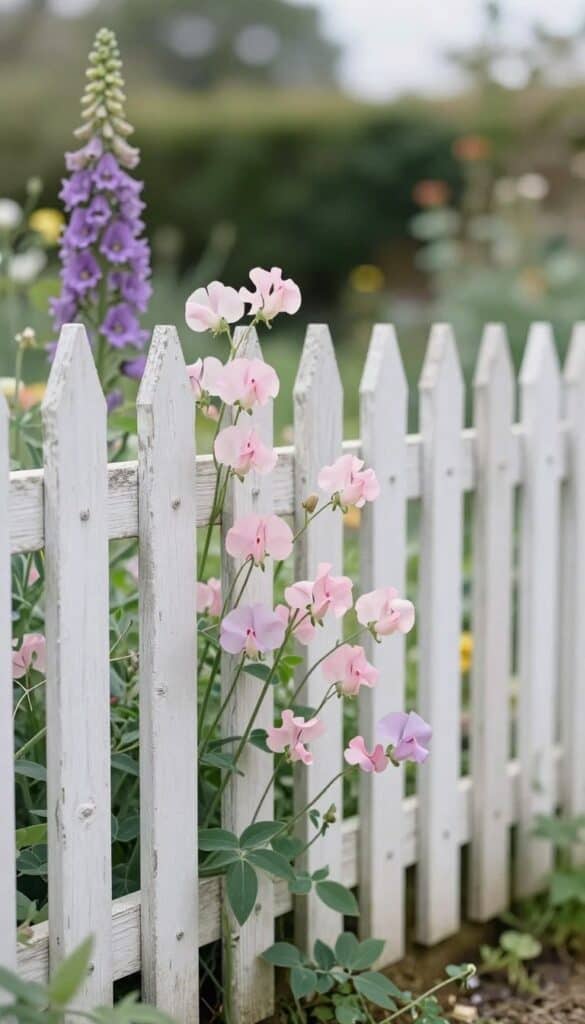 Whitewashed rustic wooden fence with pale pink sweet peas and soft foxgloves in English cottage garden
