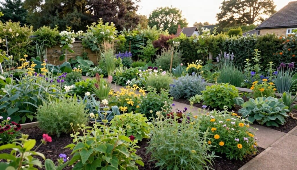 Wide view of complete cottage garden successfully mixing edible herbs and vegetables with ornamental flowers