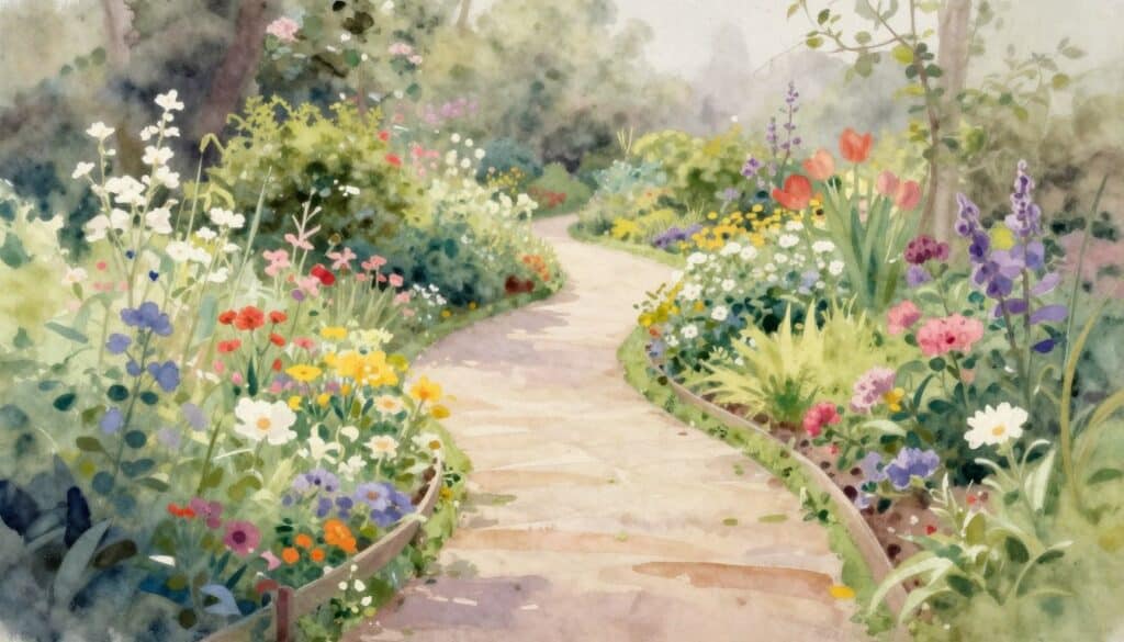 Winding cottage garden path with flowers on both sides fading into misty distance