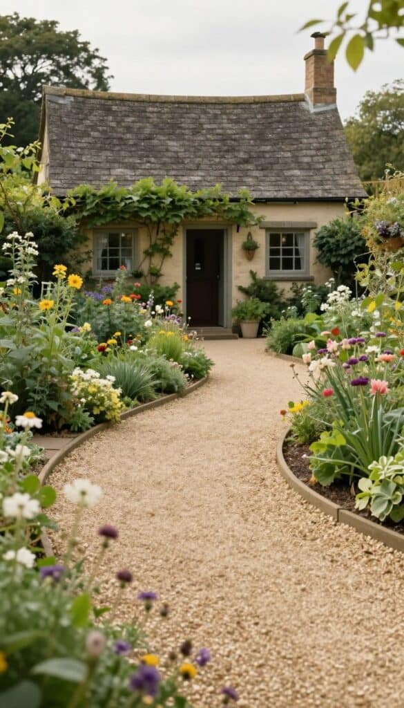 Gravel pathway leading to cottage house entrance