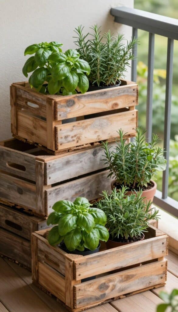 Wooden crate containers stacked on a balcony for a rustic secret garden aesthetic with herbs and plants