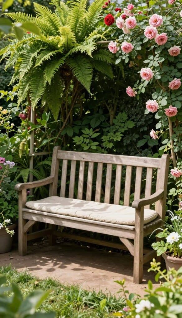 Wooden garden bench surrounded by lush plants creating a secluded cottage patio nook