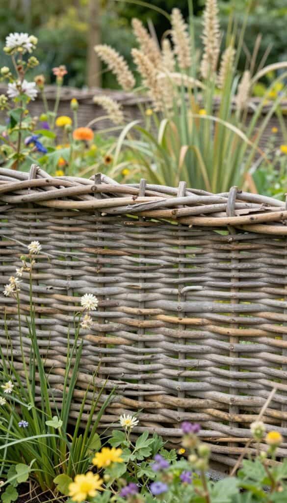 Woven willow fence with natural texture blending with wildflowers and grasses in organic cottage garden