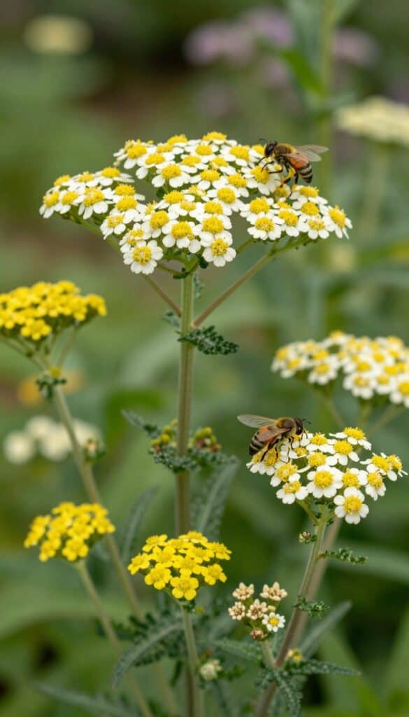 Yellow and white yarrow flat-topped flower clusters in naturalistic cottage garden planting