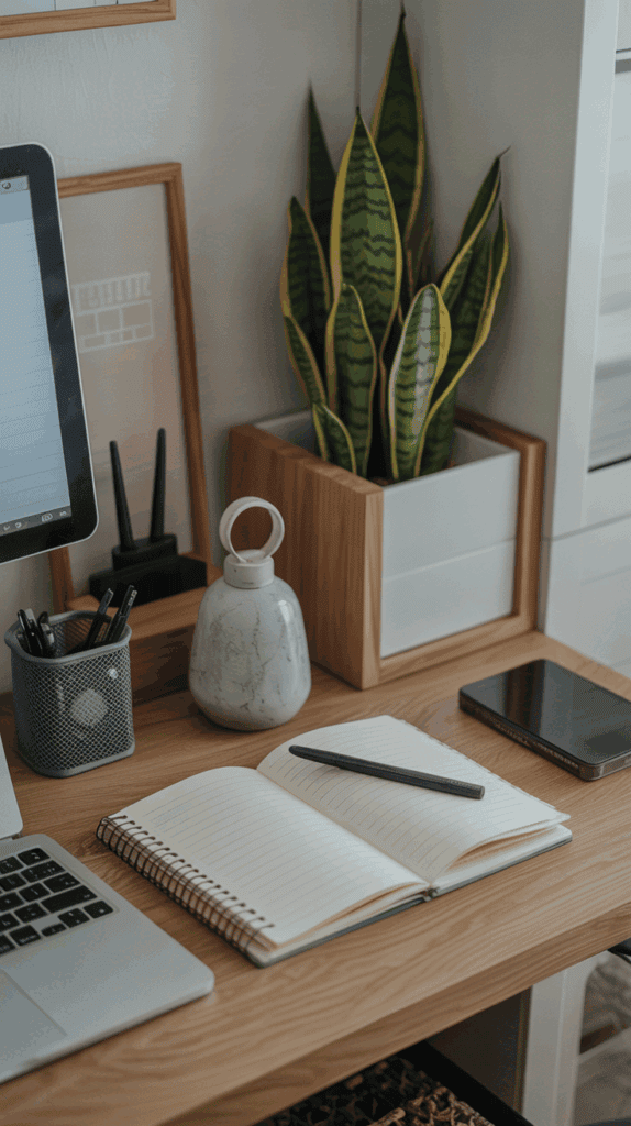 Small tidy workspace with minimal items, organized desk, and a calm clutter free setup for weekly cleaning