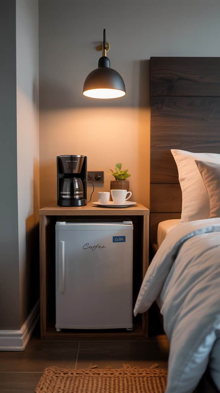 bedroom coffee bar setup with mini fridge and compact coffee maker