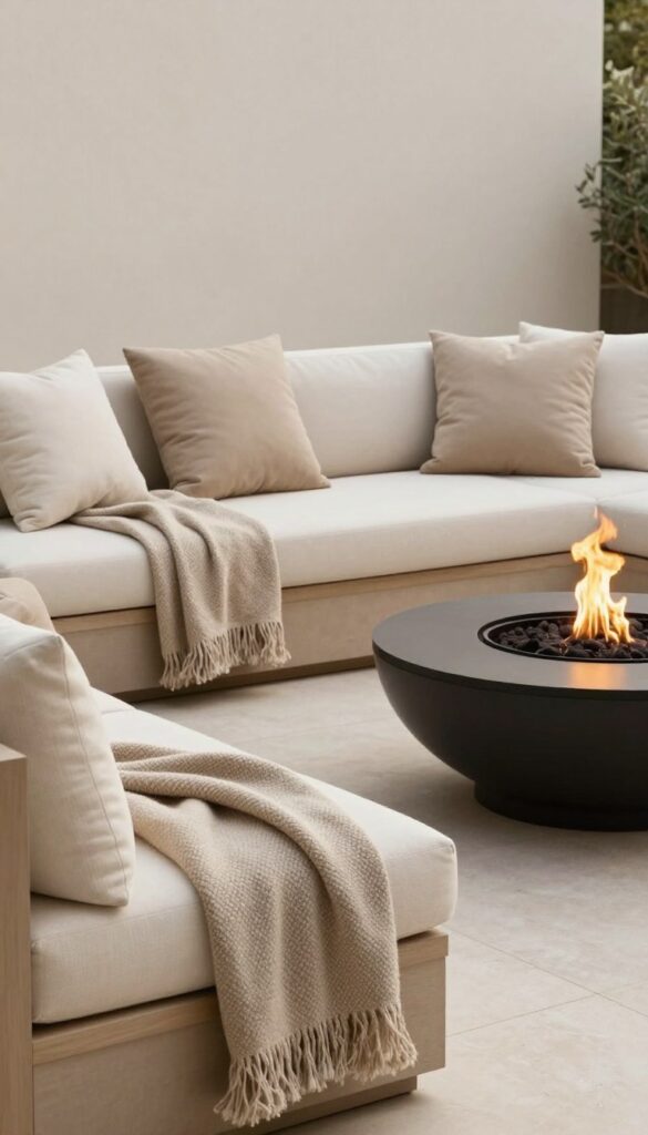 beige and cream outdoor seating with fire pit and throws in neutral backyard design