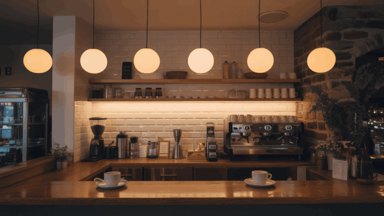 Coffee bar with multiple light sources creating a layered warm cozy glow