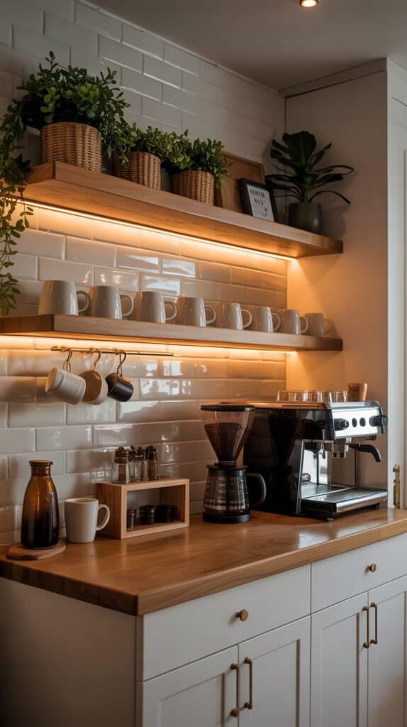 Coffee bar with warm under cabinet lighting illuminating mugs and wooden shelves