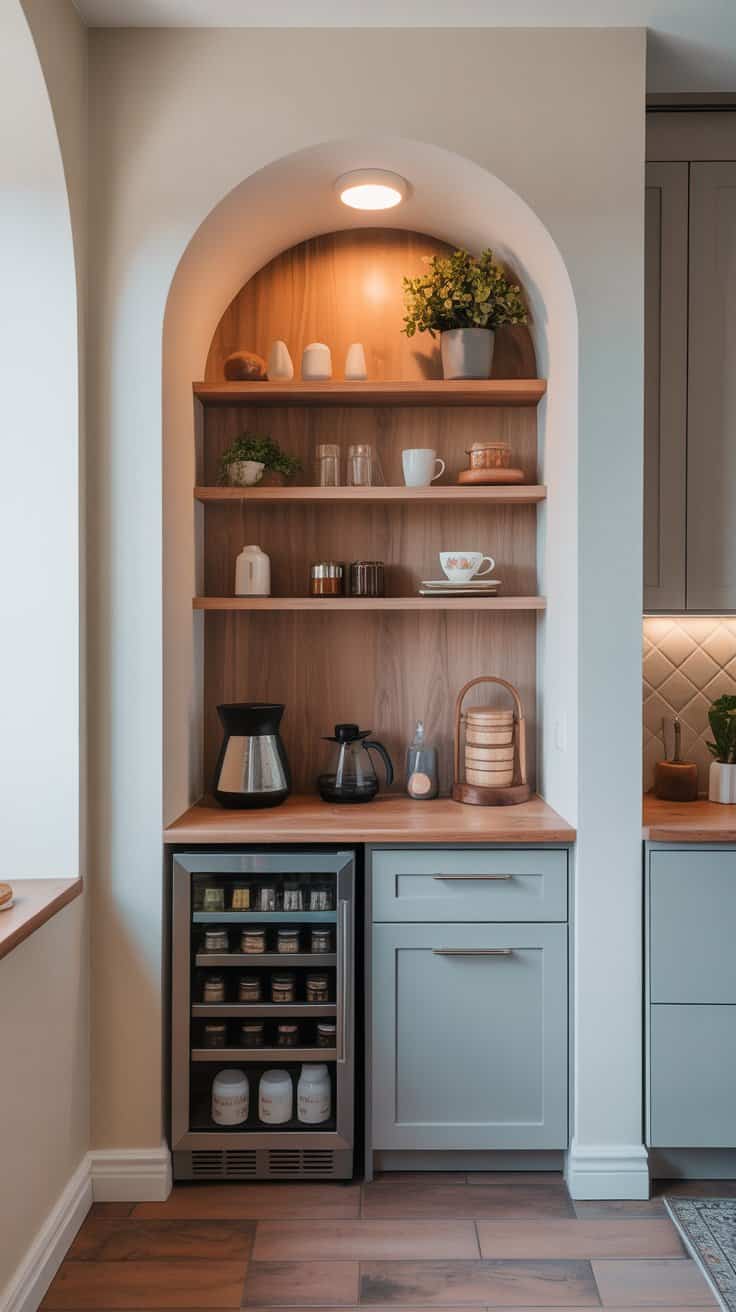 coffee nook with open wood shelving and mini fridge in kitchen alcove