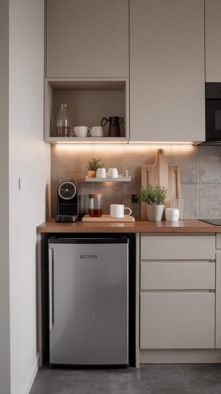 compact coffee corner with mini fridge tucked under small cabinet in modern kitchen