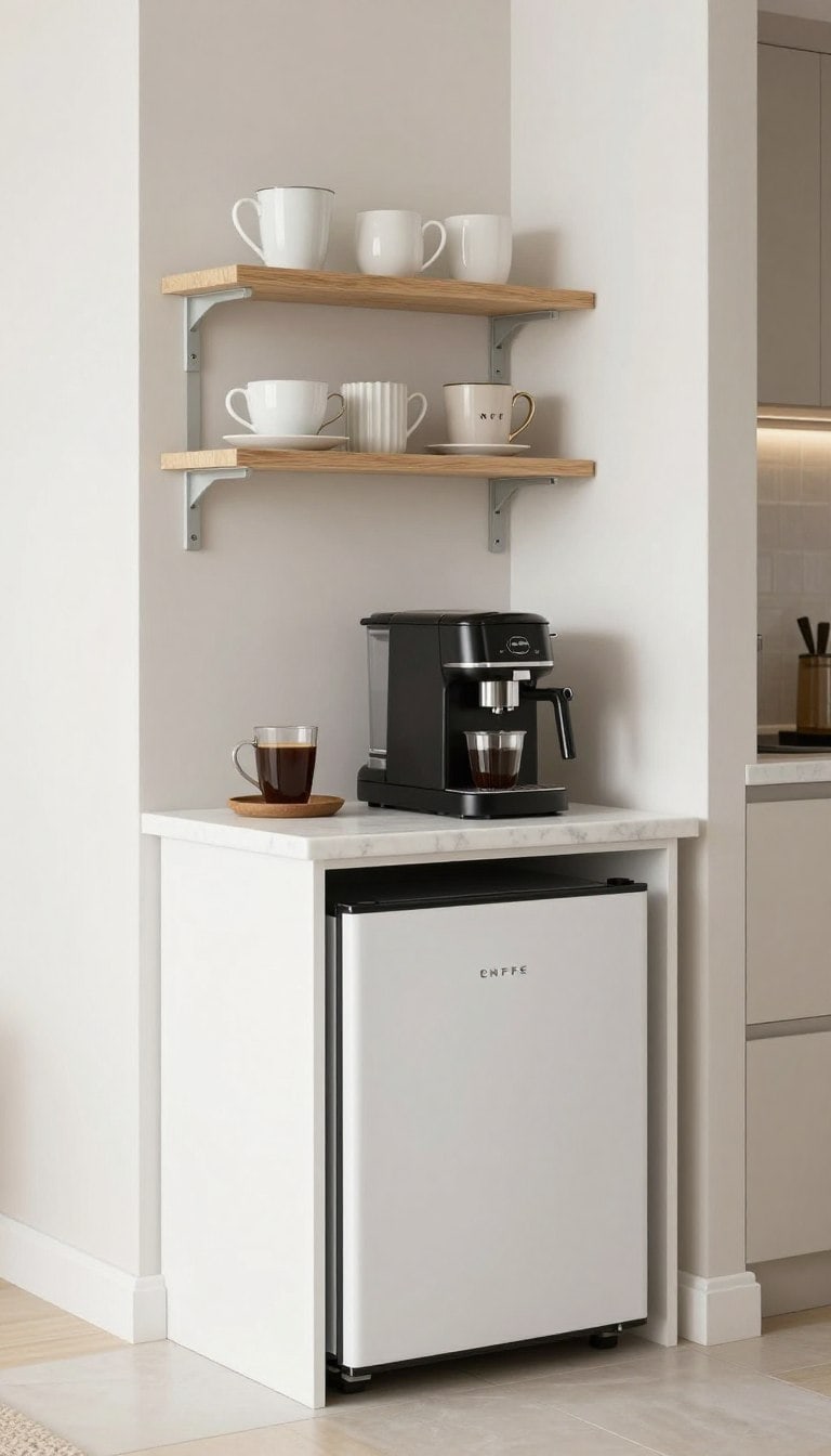 compact coffee corner with mini fridge tucked under small cabinet in modern kitchen
