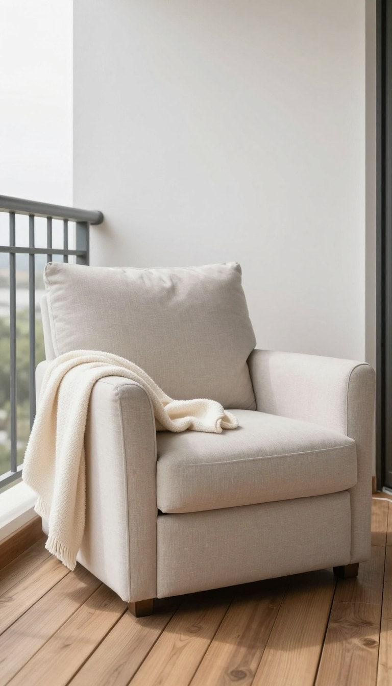 cozy balcony sitting area with single chair and soft throw blanket
