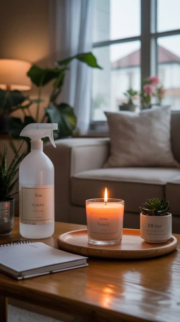 Cozy cleaning setup with candle, soft lighting, and a relaxed atmosphere during a home reset and cleaning ritual
