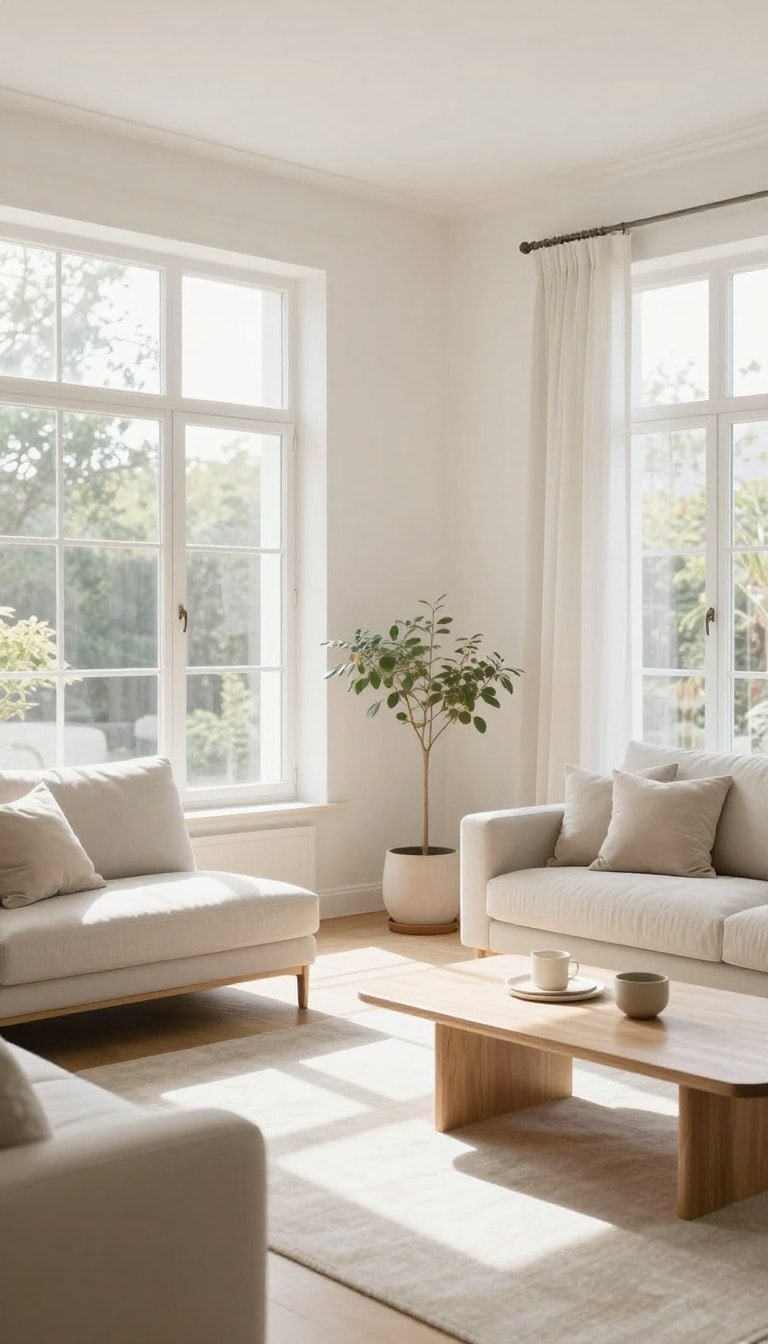 Bright clean living room with sunlight streaming through windows, tidy surfaces, and minimal decor creating a calm atmosphere for weekly cleaning ritual
