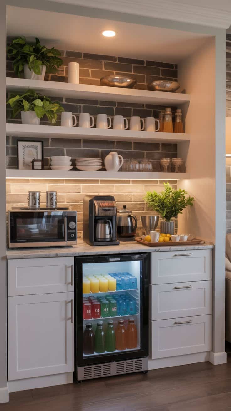 entertaining coffee and drinks station with stocked mini fridge