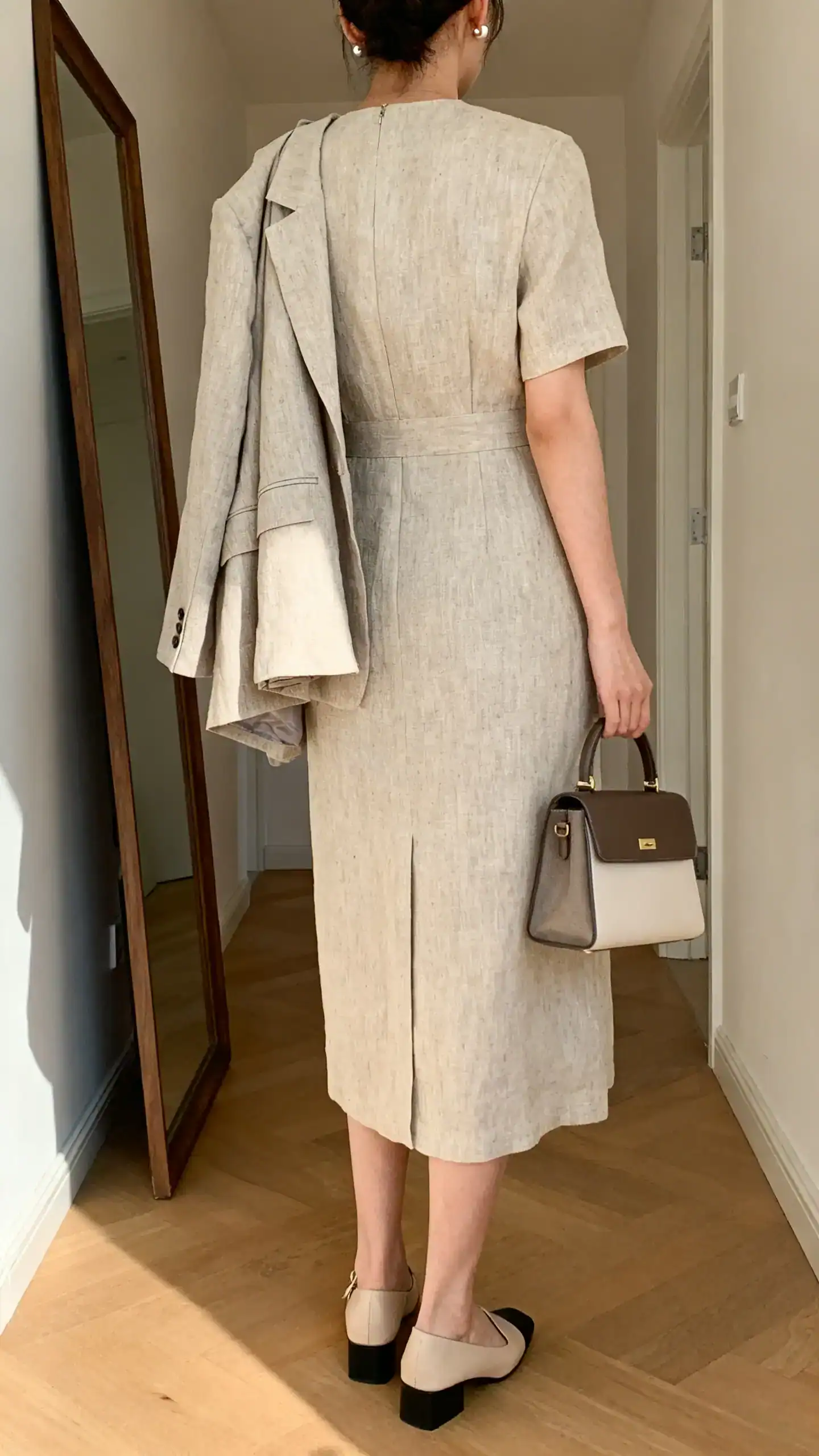 iPhone back view of a woman wearing a linen midi dress with clean tailoring, low block heels, a blazer draped over shoulders, top-handle bag, and delicate stud earrings, face not visible, hallway full-length mirror, natural daylight, iPhone photo quality