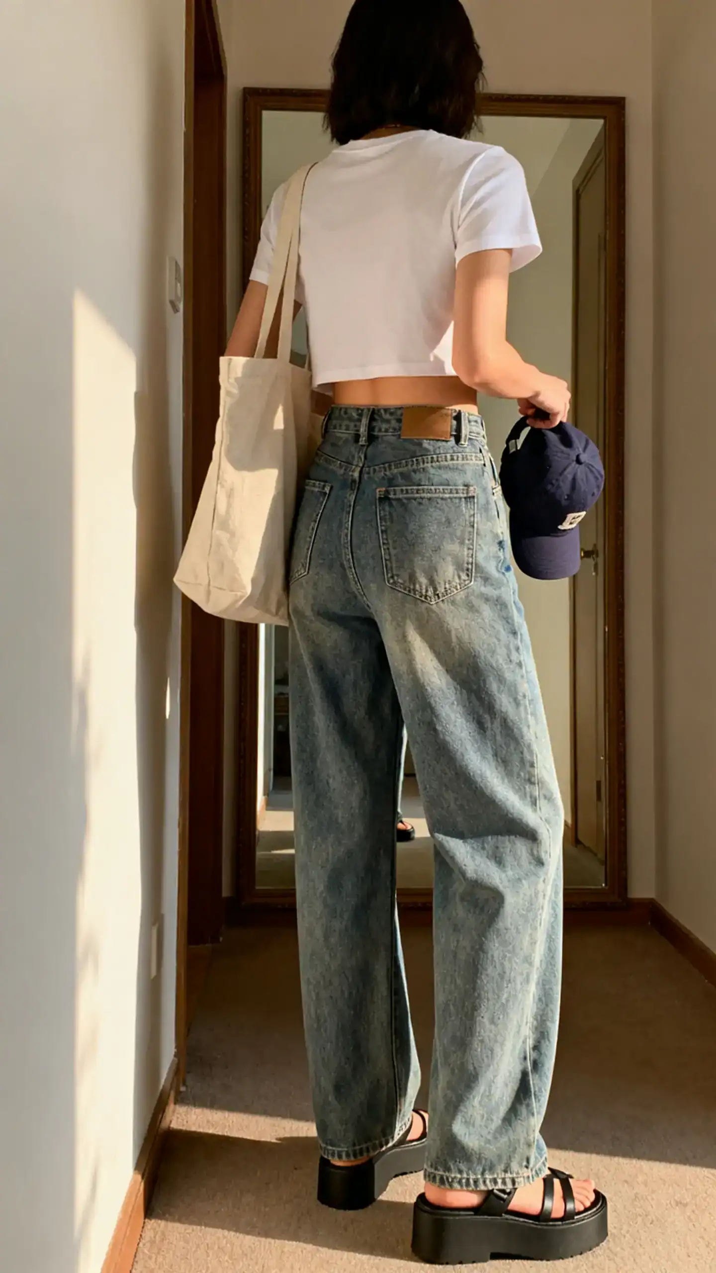 iPhone back-view photo of a woman wearing a cropped white tee with high-waisted wide-leg jeans, platform sandals, canvas tote, baseball cap in hand, face not visible, hallway mirror, late afternoon indoor light, iPhone photo quality