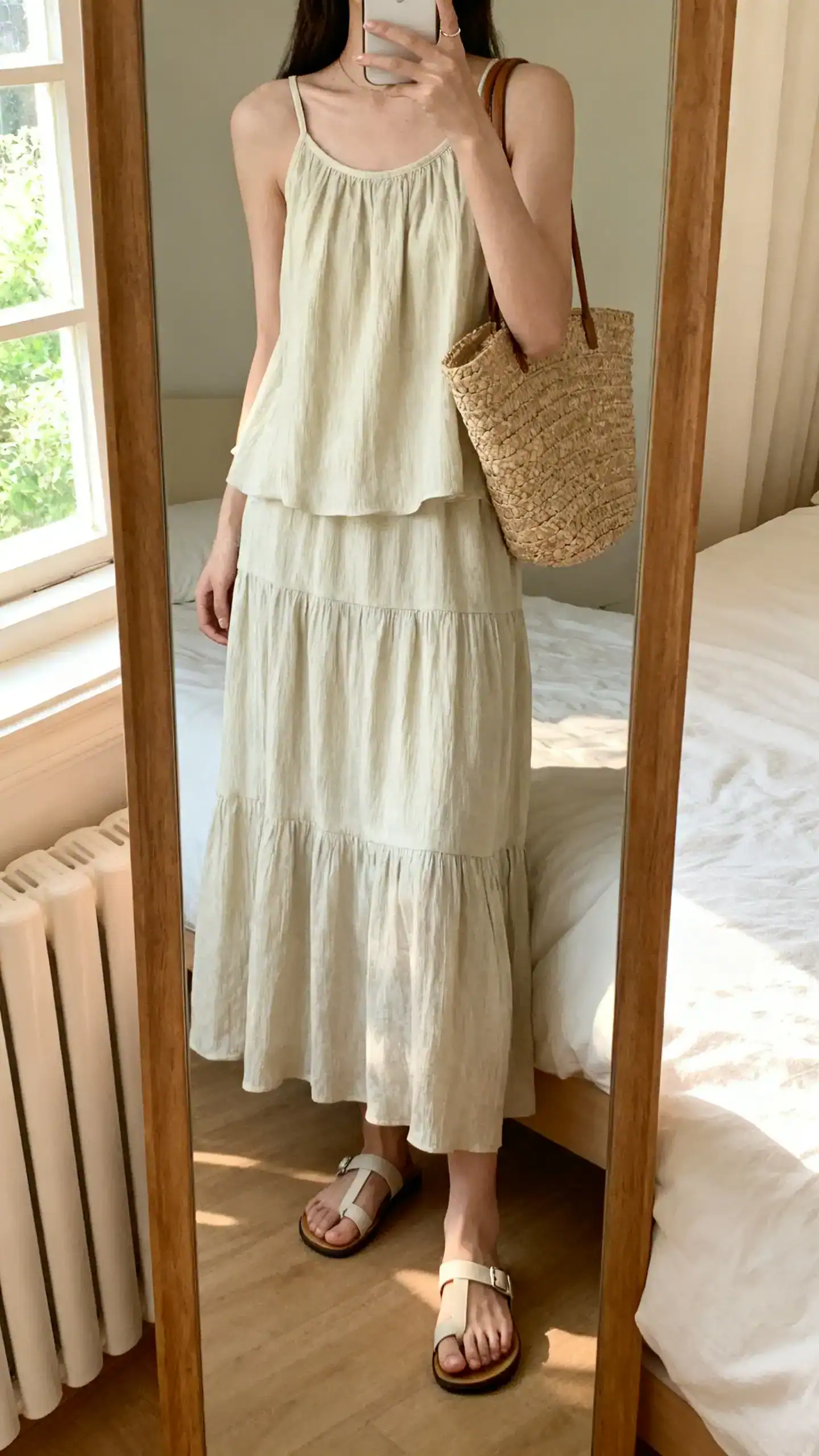 iPhone mirror selfie of a woman in a breezy matching tank dress set (tank top and coordinated skirt) with simple sandals and a straw bag, face not visible, bedroom full-length mirror, soft morning window light, iPhone photo quality.