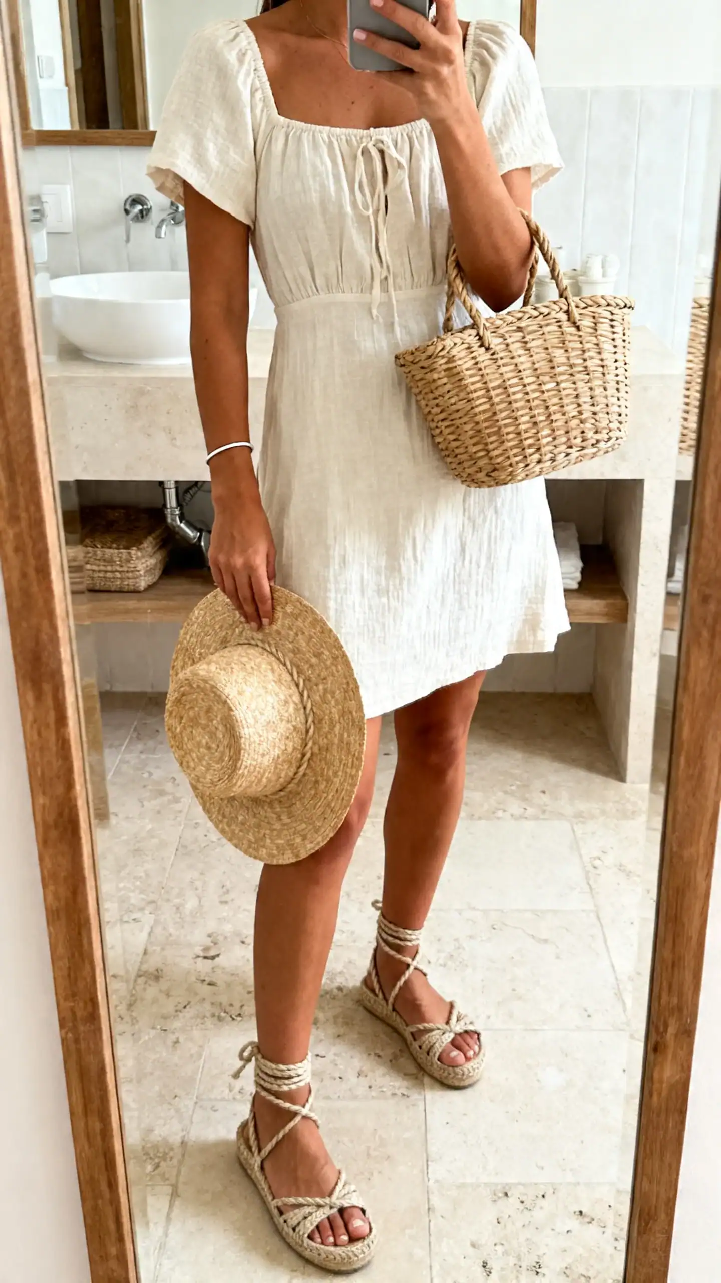 iPhone mirror selfie of a woman in a cotton sundress with rope espadrille wedges, straw hat in hand, wicker basket bag, thin bracelet, face not visible, bathroom mirror, bright natural light, iPhone photo quality