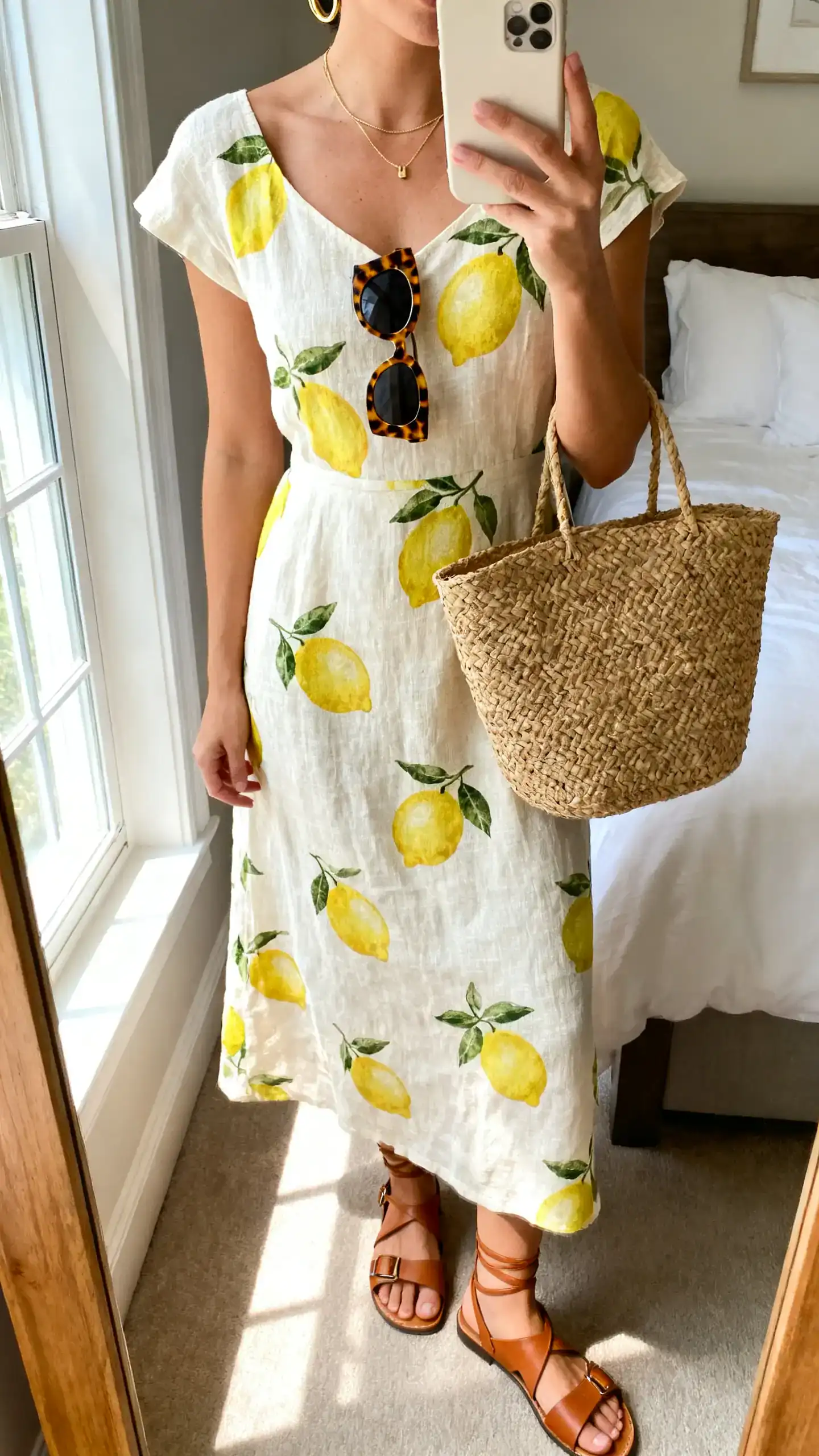 iPhone mirror selfie of a woman in a lemon-print linen midi sundress, tan leather strappy flat sandals, woven straw tote, tortoiseshell cat-eye sunglasses, delicate gold hoops and thin pendant necklace, face not visible, cropped at neck, bedroom mirror with natural window light, iPhone photo quality.