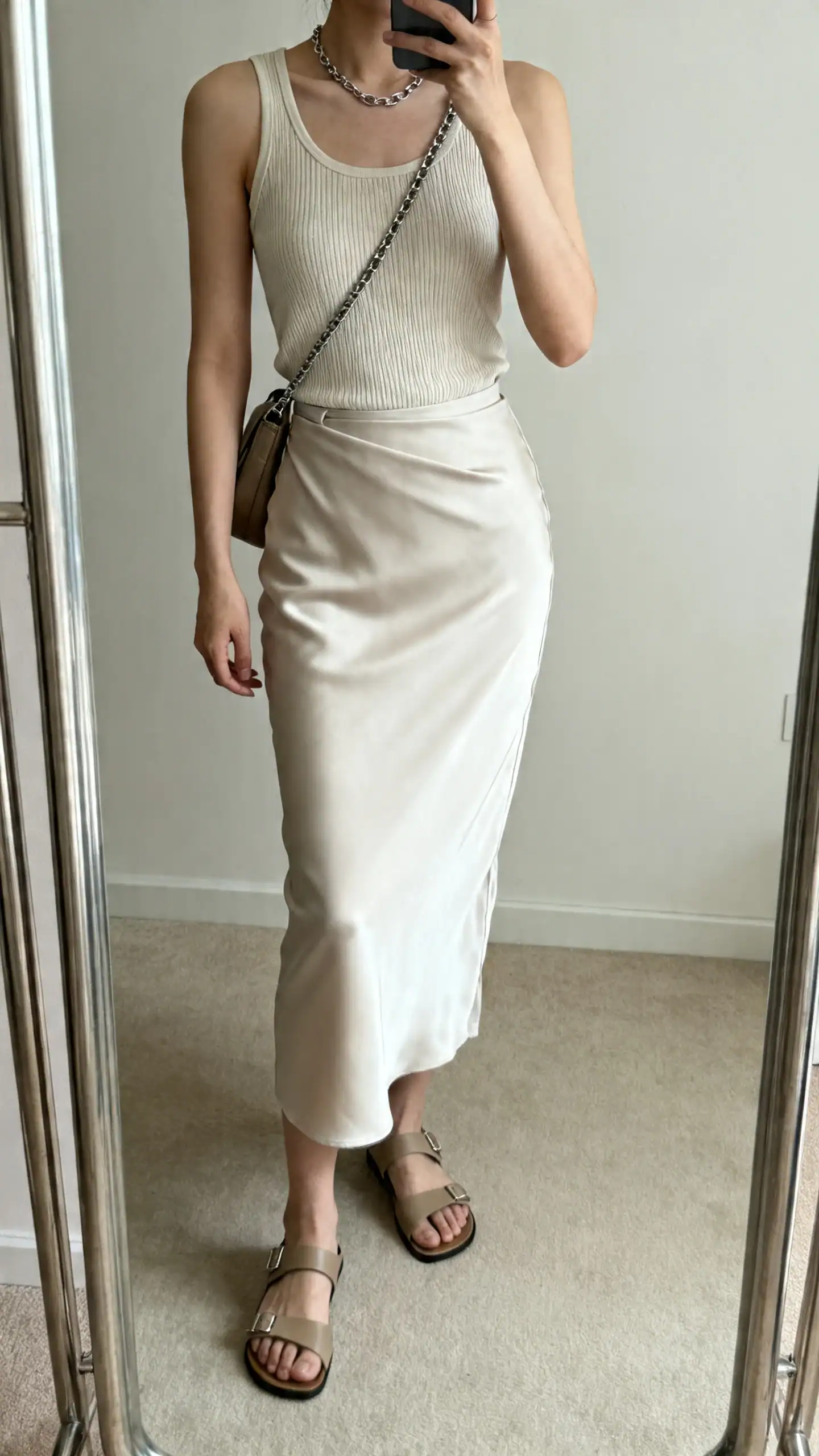 iPhone mirror selfie of a woman in a ribbed tank tucked into a bias-cut slip skirt, minimalist leather sandals, crossbody bag, subtle chain necklace, face not visible, cropped at neck, full-length mirror, soft indoor light, iPhone photo quality