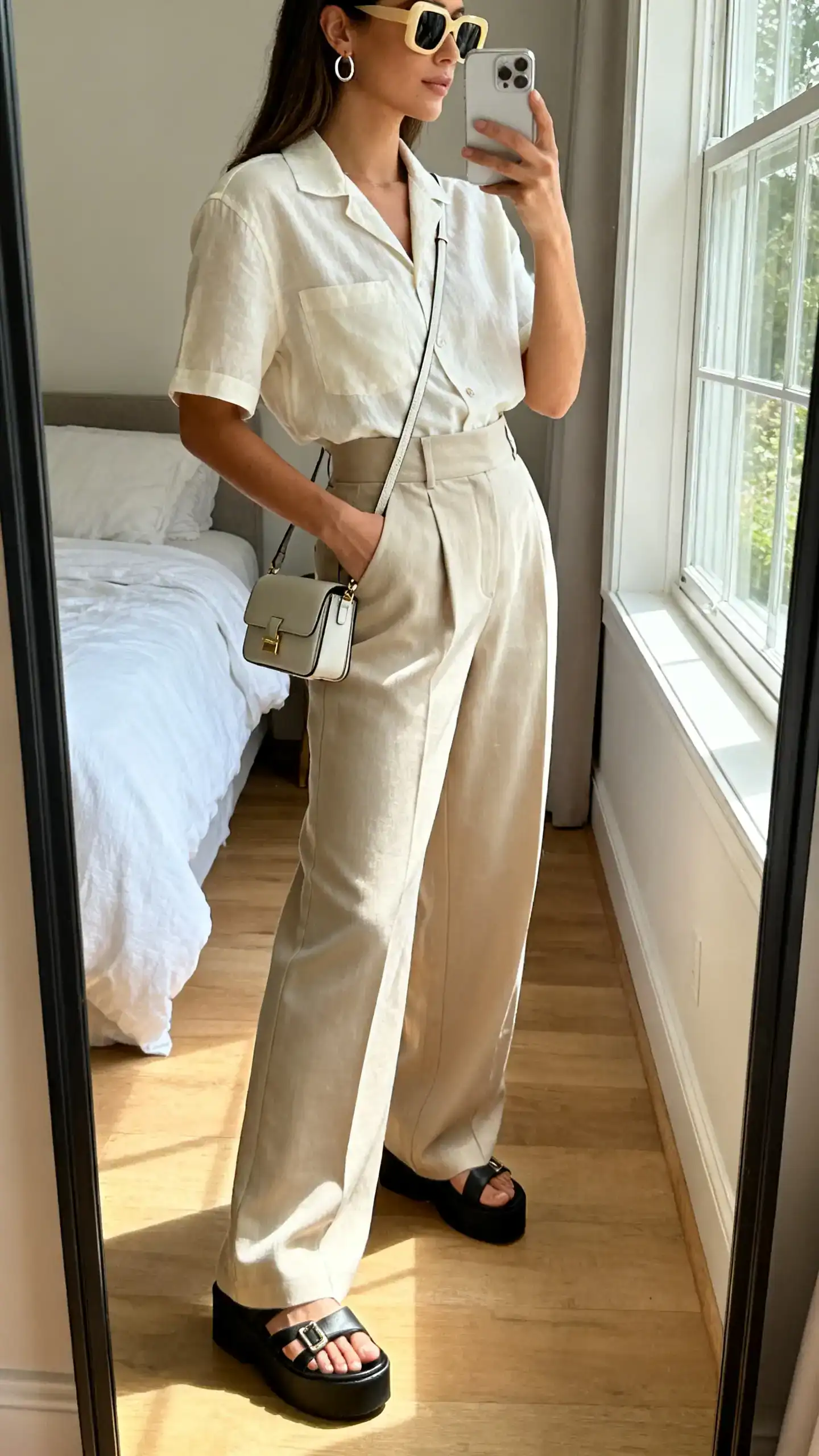 iPhone mirror selfie of a woman in a short-sleeve camp collar shirt, high-rise wide-leg trousers, platform sandals, a mini crossbody bag, chunky sunglasses and simple huggie hoops, face not visible, side angle, bedroom mirror, afternoon window light, iPhone photo quality.