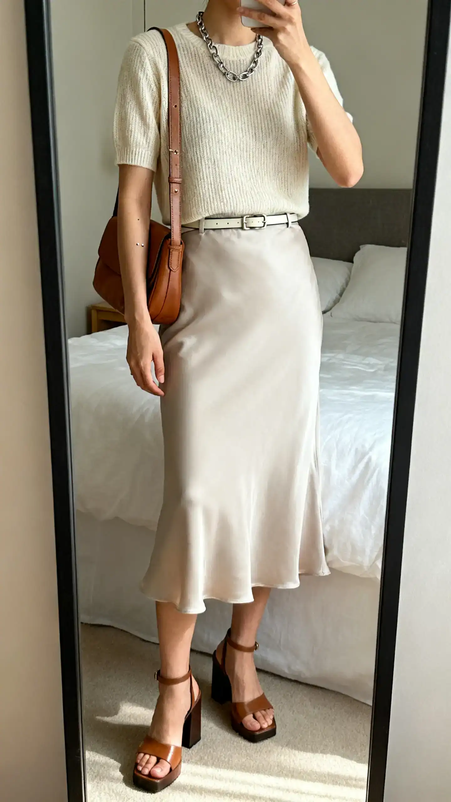 iPhone mirror selfie of a woman in a short-sleeve fine-knit sweater tee, a matte slip-style midi skirt, block-heel sandals, a leather shoulder bag, chain necklace and minimal studs, thin belt over the skirt, face not visible, cropped at neck, bedroom mirror, soft morning light, iPhone photo quality.
