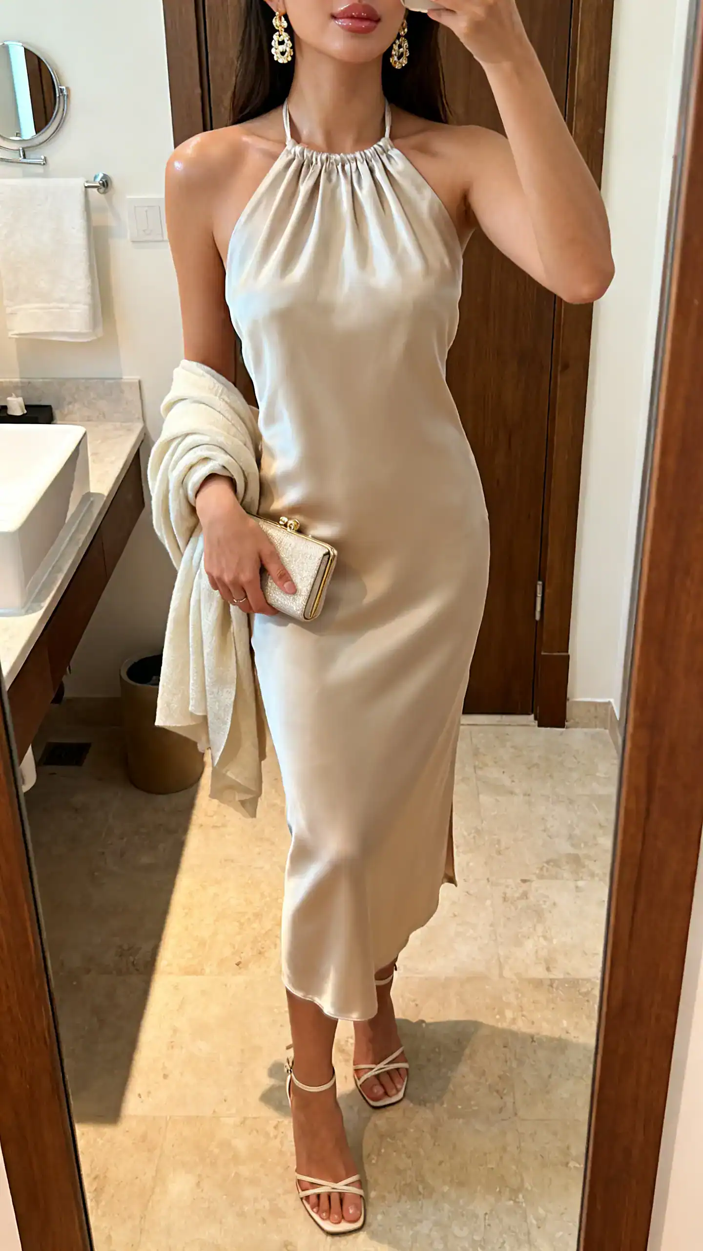 iPhone mirror selfie of a woman in a silk-blend halter midi dress (column fit), barely-there strappy heels, a petite clutch, statement earrings, a light shawl over one arm, and soft gloss with dewy skin finish, face not visible, cropped at shoulders, bathroom mirror, warm indoor lighting, iPhone photo quality.