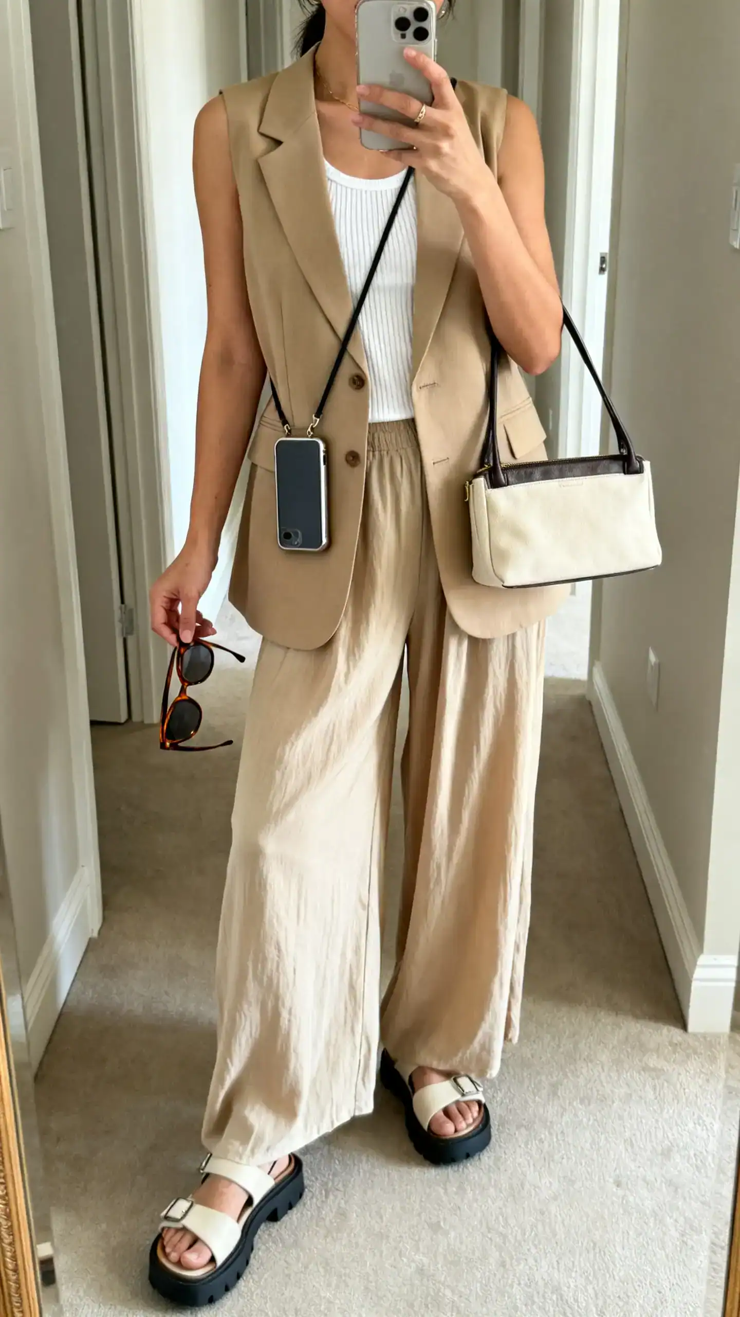 iPhone mirror selfie of a woman in a white ribbed tank layered under a tailored sand vest, flowy high-waisted palazzo pants, chunky lightweight sandals, crossbody phone bag and compact tote, angular sunglasses in hand, face not visible, full-length hallway mirror, indoor natural light, iPhone photo quality.