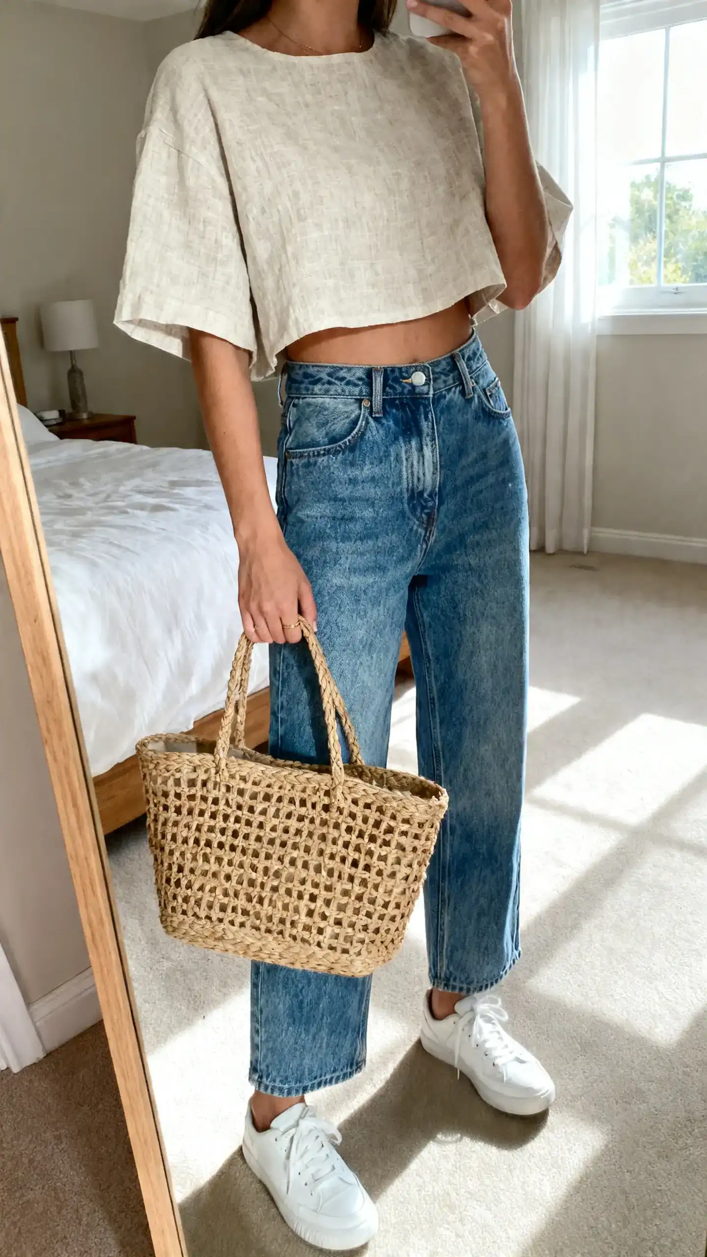 iPhone mirror selfie of a woman wearing a boxy cropped linen top paired with high-waisted vintage blue denim and white sneakers, woven tote in hand, face not visible, cropped at shoulders, bedroom mirror, bright window light, iPhone photo quality