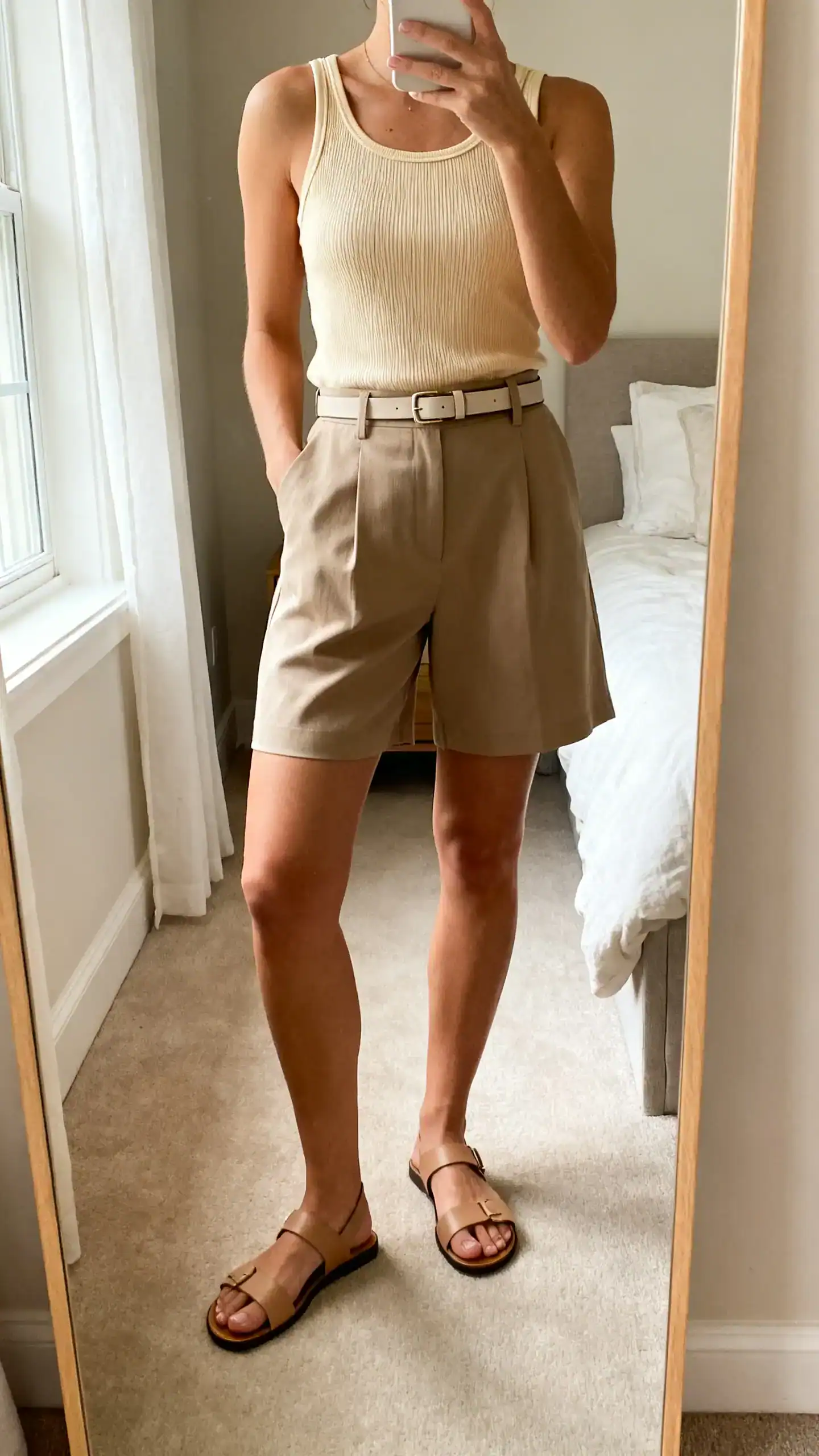 iPhone mirror selfie of a woman wearing a butter-soft ribbed tank tucked into tailored high-waist shorts with minimalist leather sandals and a slim belt, face not visible, cropped at neck, bedroom mirror, soft morning window light, iPhone photo quality.
