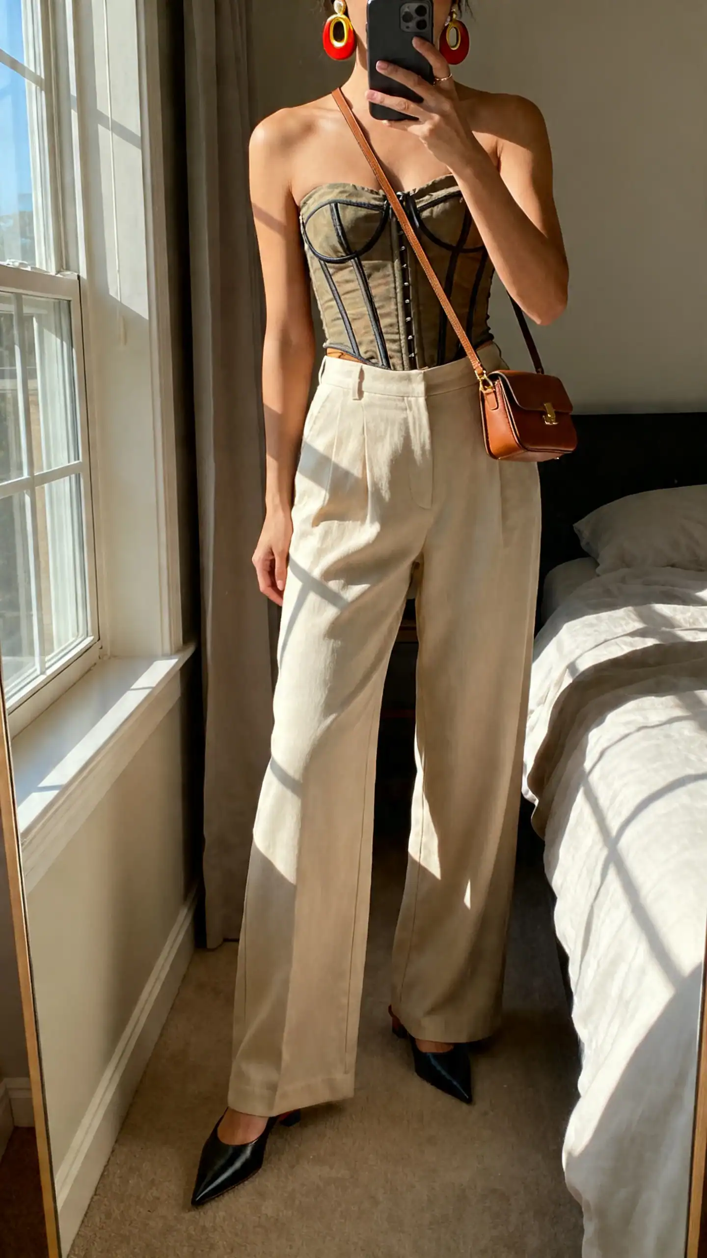 iPhone mirror selfie of a woman wearing a corset-style top with high-waisted wide-leg trousers, pointed mules, mini shoulder bag, bold earrings, face not visible, cropped at shoulders, bedroom mirror, indoor window light, iPhone photo quality