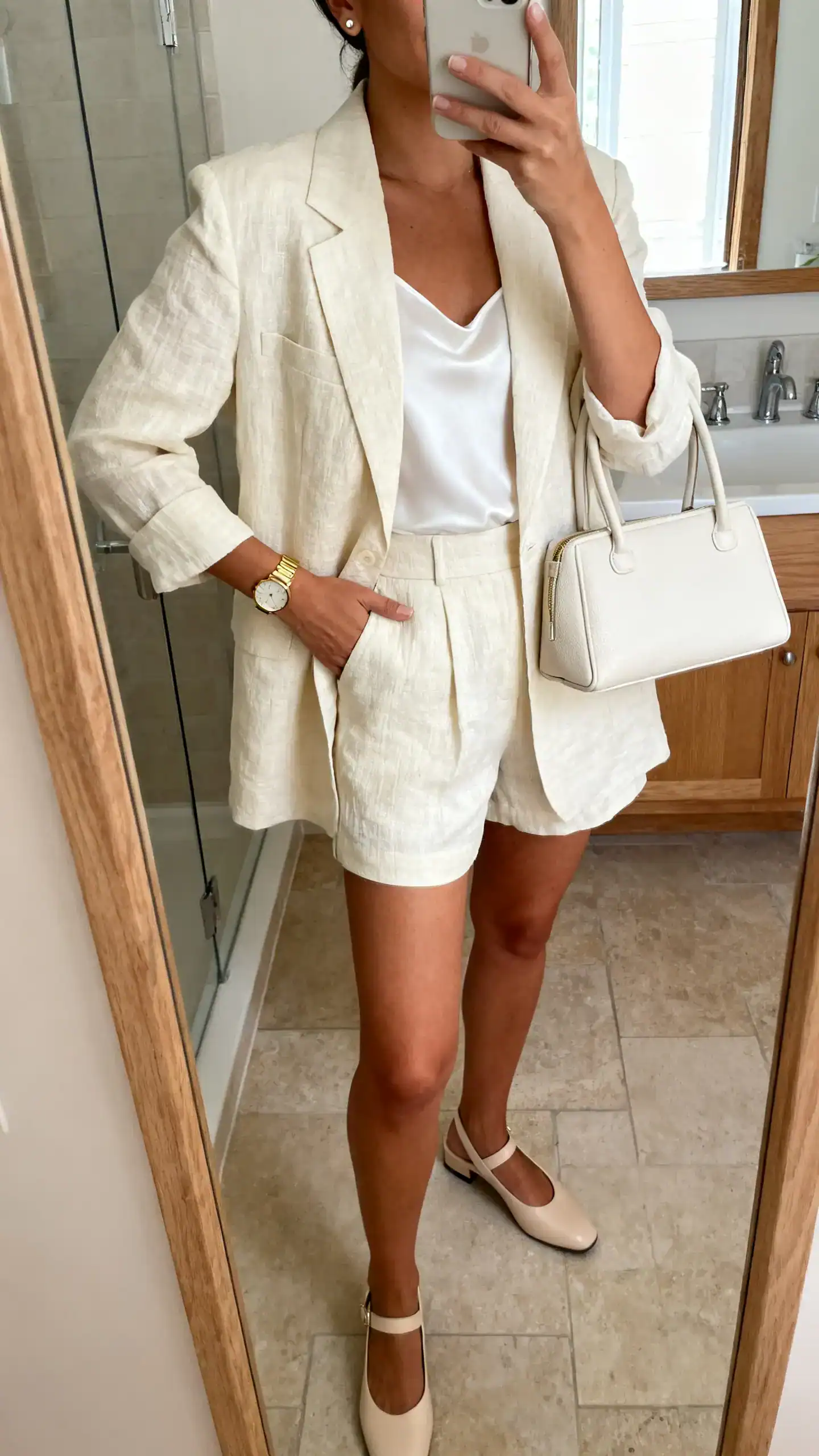iPhone mirror selfie of a woman wearing a cream linen blazer with matching tailored shorts, white silk tank, slingback flats, structured top-handle bag, slim gold watch and minimalist studs, face not visible, bathroom full-length mirror, soft indoor morning light, iPhone photo quality.