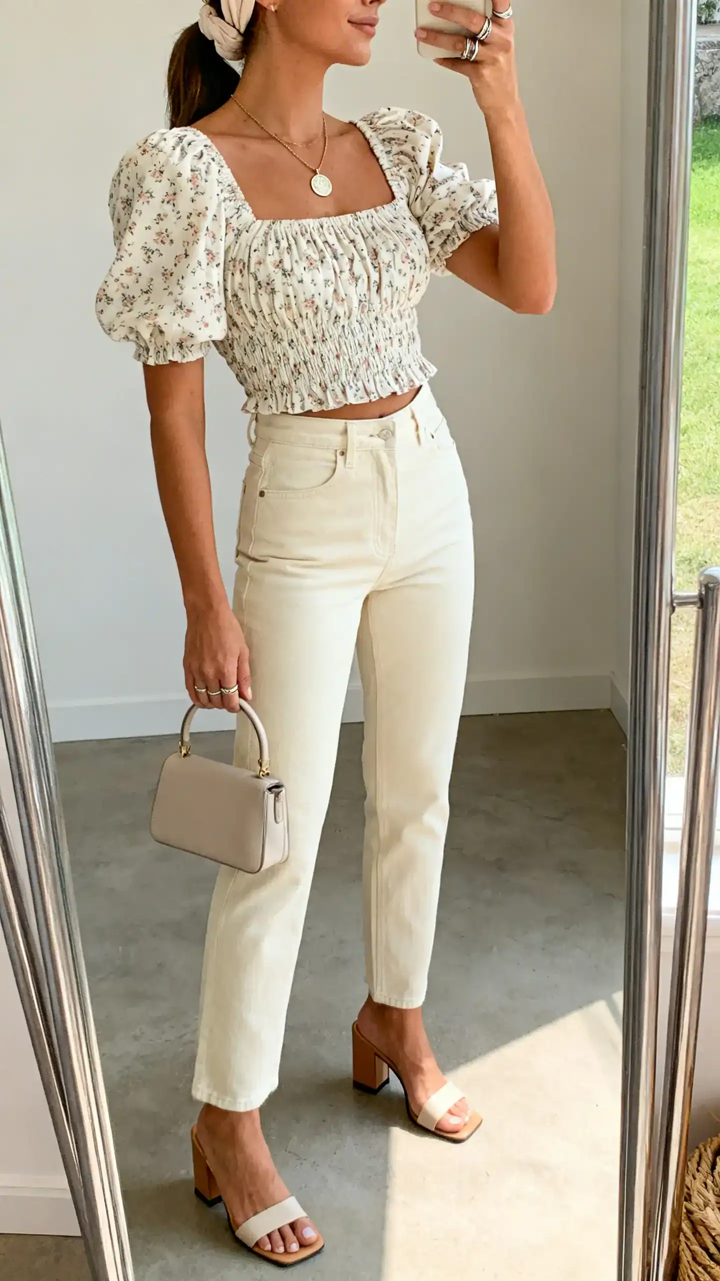 iPhone mirror selfie of a woman wearing a ditsy floral smocked puff-sleeve top, high-waisted ecru straight-leg jeans, block-heel sandals, a small top-handle bag, a coin necklace, stacked midi rings, and a soft headband; face not visible, side angle in full-length mirror, indoor daylight, iPhone photo quality.