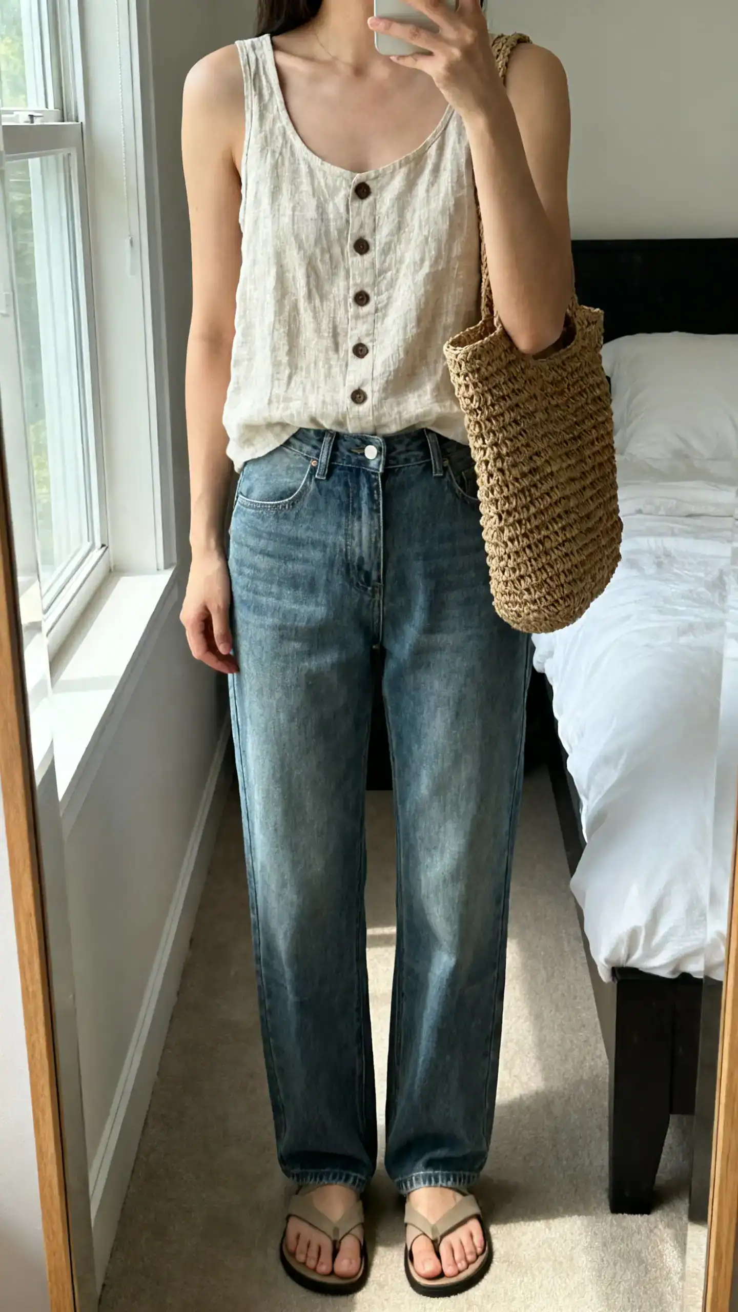 iPhone mirror selfie of a woman wearing a linen button-front tank with relaxed straight-leg jeans, flat slide sandals, and a woven tote, face not visible, cropped at shoulders, bedroom mirror, natural window light, iPhone photo quality.