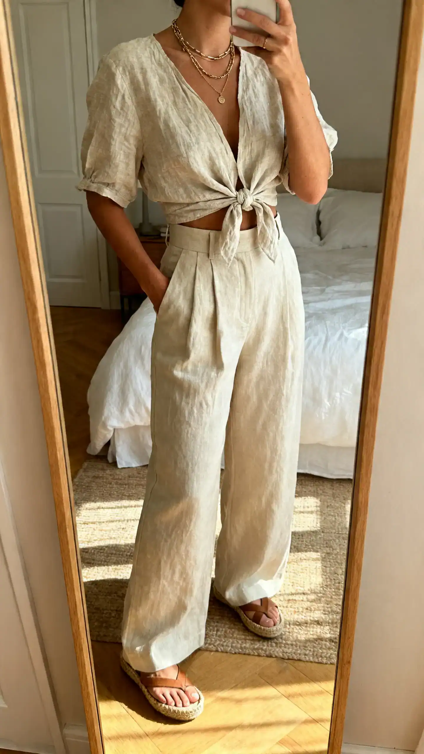 iPhone mirror selfie of a woman wearing a linen tie-front top knotted at the waist, high-rise wide-leg pants, espadrille wedges, layered necklaces, face not visible, bedroom mirror, warm afternoon light, iPhone photo quality