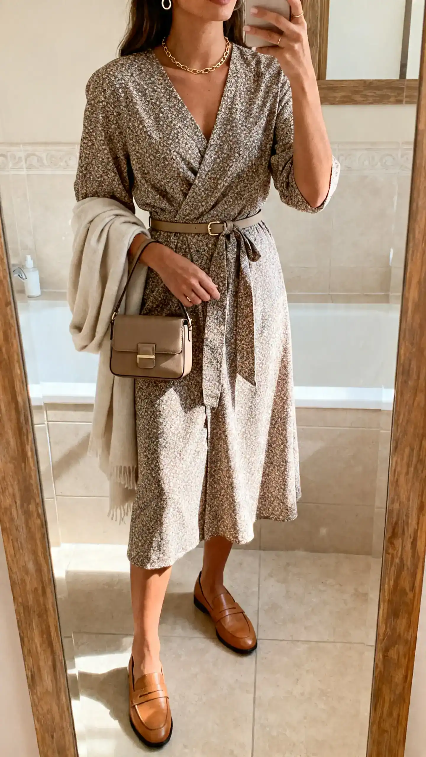 iPhone mirror selfie of a woman wearing a midi wrap dress in a micro-print, soft leather loafers, a structured mini satchel, a fine chain necklace, small hoops, a slim belt, and a light shawl over one arm; face not visible, cropped at neck, bathroom mirror, warm indoor light, iPhone photo quality.