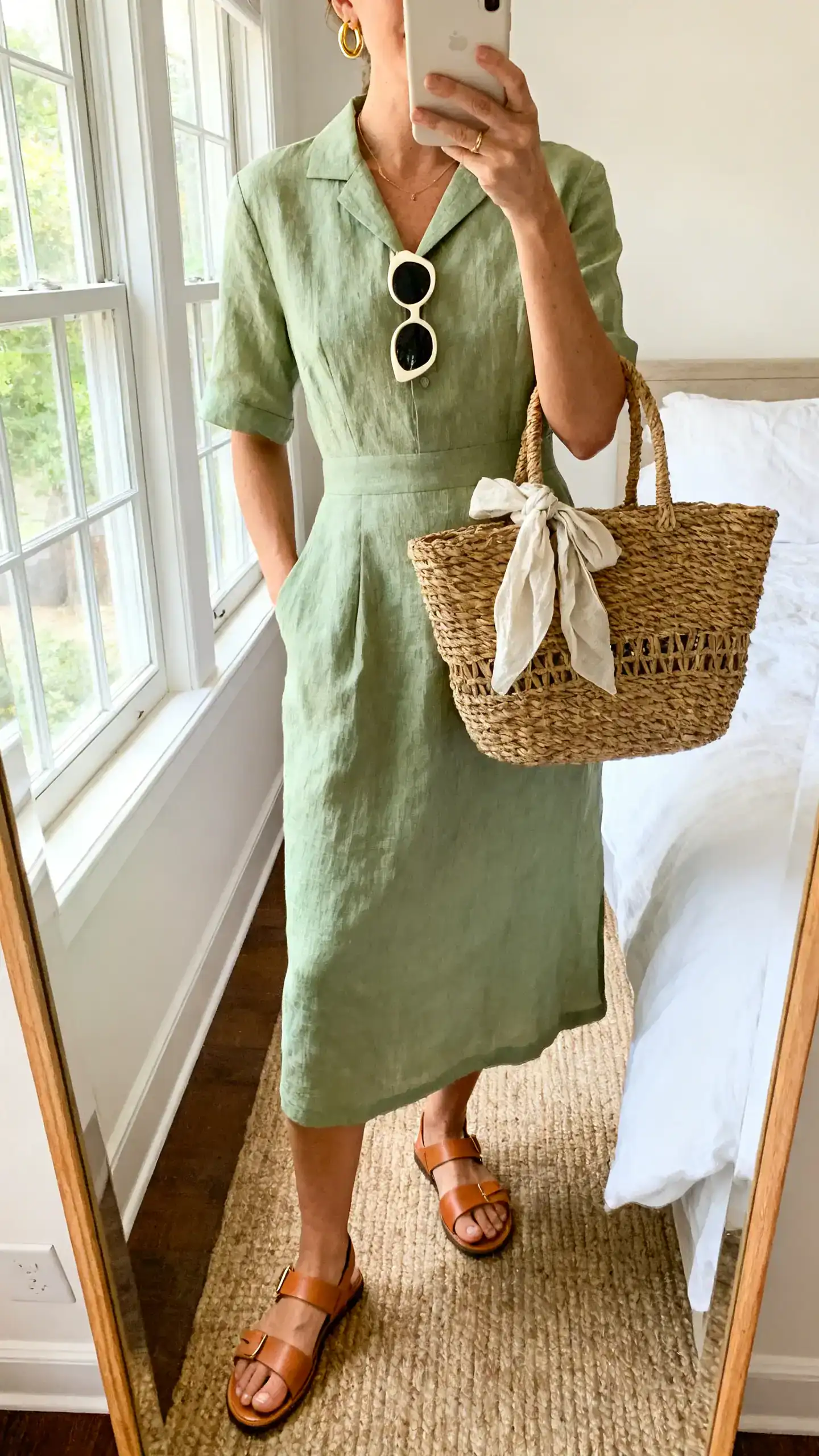 iPhone mirror selfie of a woman wearing a tailored linen midi dress in soft sage, flat tan strappy leather sandals, a structured woven basket bag, delicate gold hoop earrings, classic cat-eye sunglasses, and a lightweight cotton scarf tied on the bag handle, face not visible, cropped at neck, bedroom mirror, morning window light, iPhone photo quality.